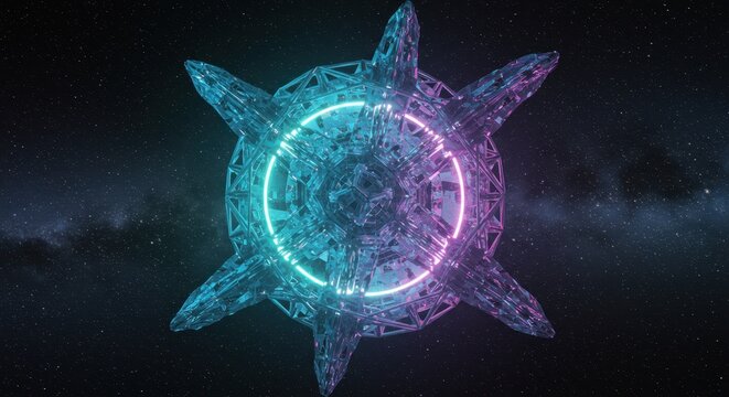 Crystalline alien structure with glowing neon ring orbits within a dark star-filled cosmos - Powered by Adobe