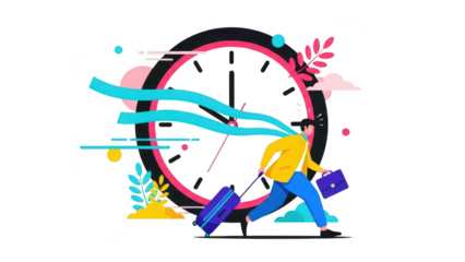 Man rushing with luggage in front of a large clock symbolizing time pressure, deadline, or being late for travel isolated on transparent background