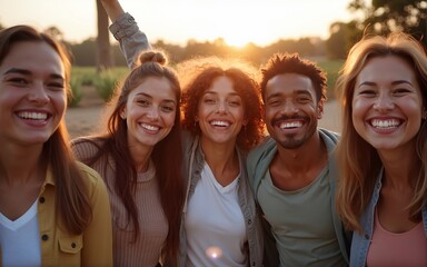 Diverse group of friends gathering outdoors while expressing unity and happiness. High quality