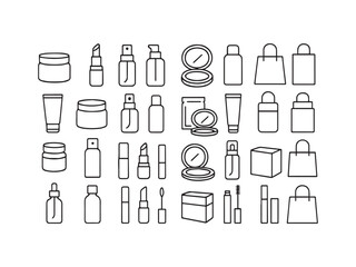 Cosmetics, Makeup, and Packaging Line Icons Set - Lipstick, Mascara, Cream Jar, and Beauty Shopping Vector