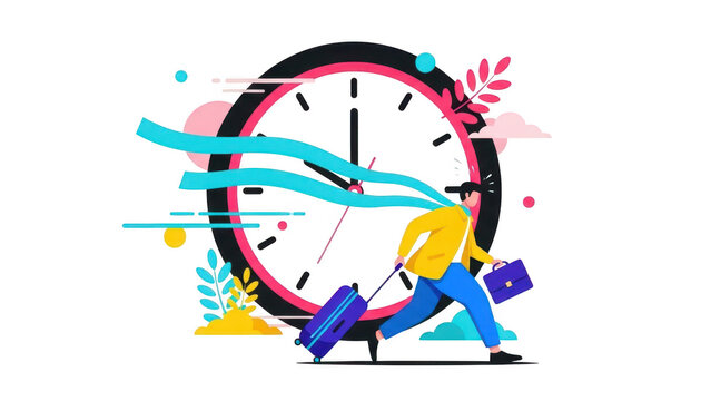 Man rushing with luggage in front of a large clock symbolizing time pressure, deadline, or being late for travel isolated on transparent background
