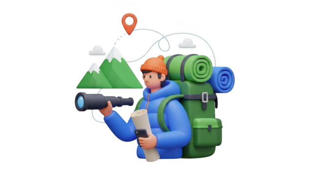 3d illustration of a male hiker with a large backpack looking through a telescope near a mountain icon, isolated on transparent background - Powered by Adobe