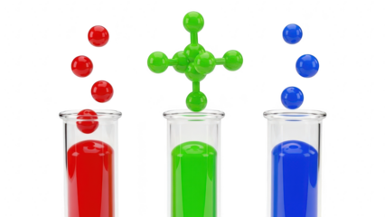 Three test tubes with primary colors red, green, and blue liquids, featuring falling spheres and a molecular structure, isolated on transparent background