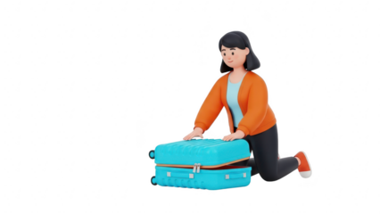 3d character woman kneeling and closing a bright blue suitcase, preparing for a trip isolated on transparent background