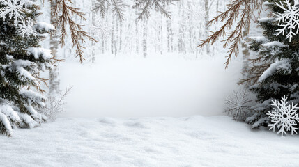 Fototapeta premium Snowy forest foreground with frosted evergreen branches and delicate snowflake accents