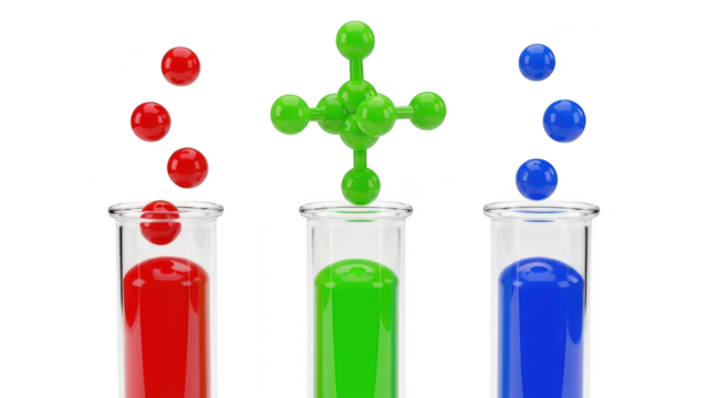 Three test tubes with primary colors red, green, and blue liquids, featuring falling spheres and a molecular structure, isolated on transparent background - Powered by Adobe