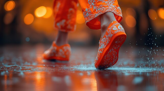 Extreme Macro Low Angle: Vibrant Orange Indian Juttis Stepping on Wet Reflective Pavement, Dynamic Water Splash, Cinematic Warm Bokeh