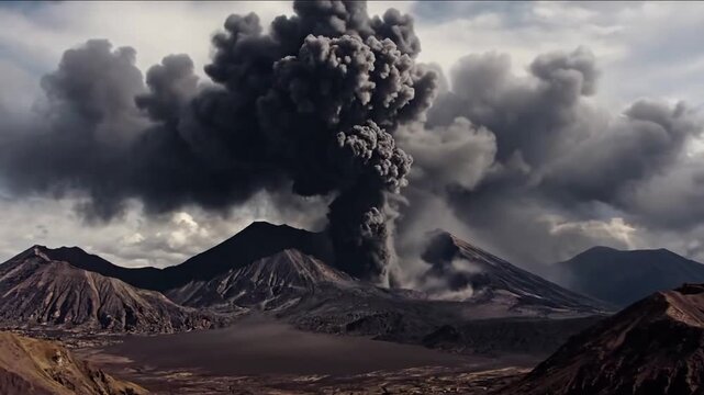 Environmental Impact and Scale: Illustrating the vast scale of the ash plume as it spreads across the sky, casting shadows over an untouched, desolate landscape, conveying a sense of profound natural
