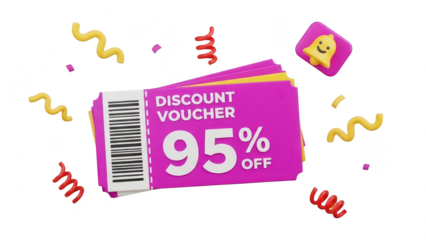 3d rendering of a stack of vibrant pink discount vouchers offering 95 percent off, surrounded by festive confetti and a notification icon, isolated on transparent background