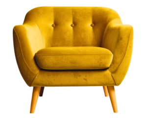 Modern mustard yellow velvet armchair isolated on transparent background