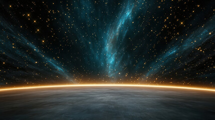 Dawn horizon planet curvature starfield nebula stream atmospheric glow space cosmic sunrise