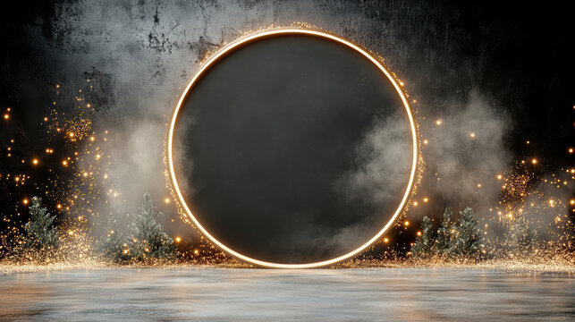 Golden ring portal with smoky backdrop and festive sparkler glow, dramatic holiday mood - Powered by Adobe
