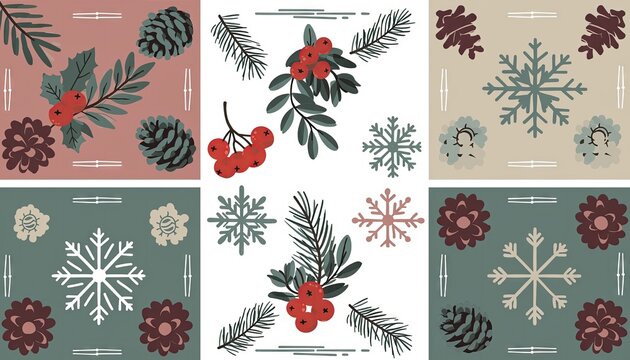 Festive Winter Holiday Pattern with Berries, Pinecones, and Snowflakes.