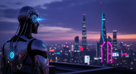 Robot looks over futuristic city skyline at dusk, cyberpunk vibe