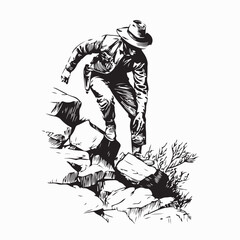 Cowboy walking over rocky obstacles vector illustration on white background