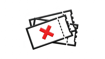 Stack of three stylized tickets or coupons with a prominent red cross symbol indicating cancellation, rejection, or invalidity, isolated on transparent background