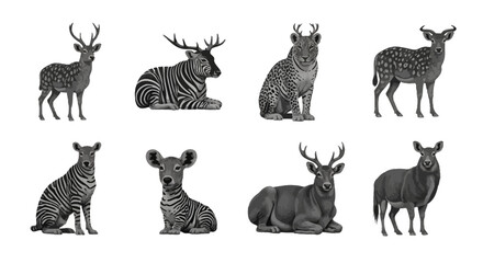 Fototapeta premium Diverse collection of monochrome hybrid animals featuring zebra, deer and leopard isolated on