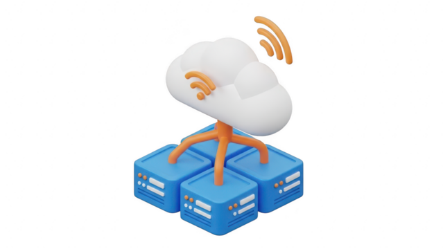 3d isometric illustration of cloud computing server infrastructure with wireless signal, isolated on transparent background