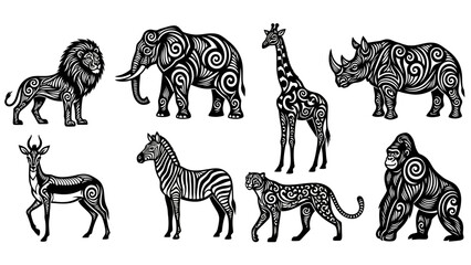Fototapeta premium African wildlife animal illustration black and white vector set adorned with intricate patterns