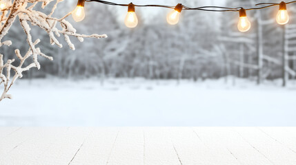 Snowy branch with warm string lights glowing against blurred winter forest, cozy mood