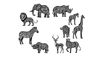 Fototapeta premium Elegant tribal african animals illustration set showcases wildlife artistry and design finesse