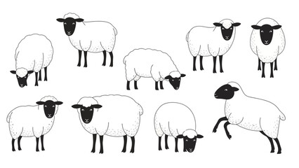 Cartoon Sheep Set in Different Poses for Farm Animal and Children's Illustration Concept