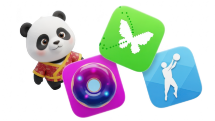 Cute 3d cartoon panda character next to colorful glossy mobile game application icon set on transparent background
