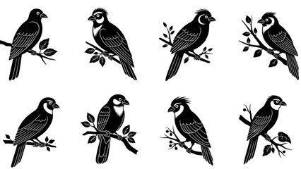 Fototapeta premium Collection of elegant black and white bird illustrations perched on branches featuring minimalist