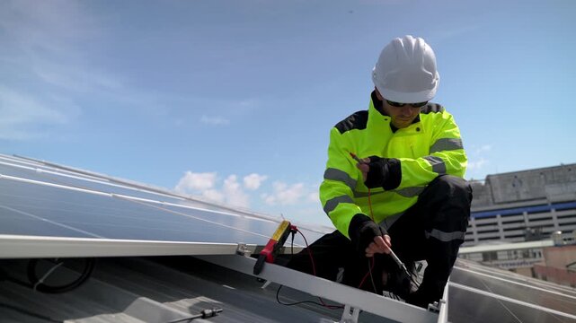 Professional who installs solar energy systems,  procuring equipment, and performing the physical installation of solar panels on roofs. 