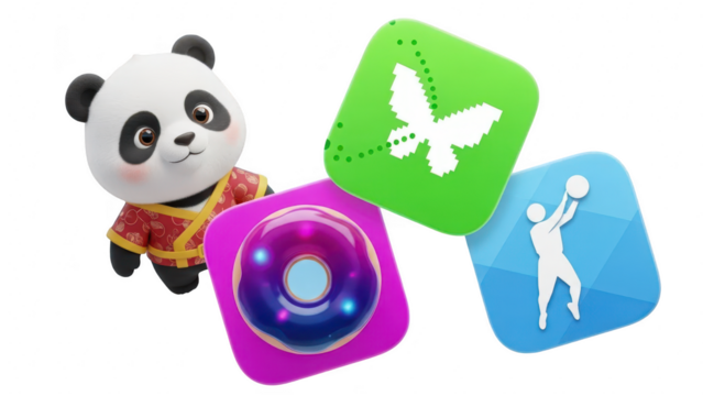 Cute 3d cartoon panda character next to colorful glossy mobile game application icon set on transparent background