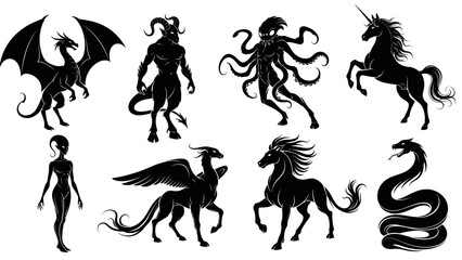 Silhouetted mythical creatures vector illustration set: dragons, demons, unicorns and more