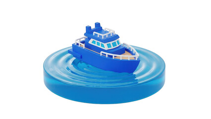 Small blue toy boat floating on a circular base of clear blue water isolated on transparent background