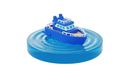 Small blue toy boat floating on a circular base of clear blue water isolated on transparent background
