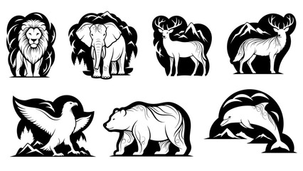 Illustrative vector art showcasing diverse wildlife in natural habitat scenes elegantly designed