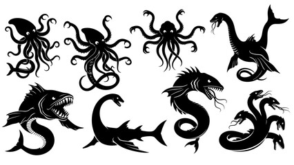 Fototapeta premium Collection of mythical sea creatures in silhouette style illustration perfect for creating fantasy