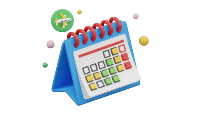 3d illustration of a travel planning calendar with airplane icon, symbolizing vacation scheduling and booking isolated on transparent background