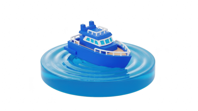 Small blue toy boat floating on a circular base of clear blue water isolated on transparent background