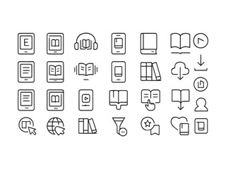 E-Book, Audiobook, and Digital Reading Line Icons Set - E-Learning, Download, and Online Library Vector