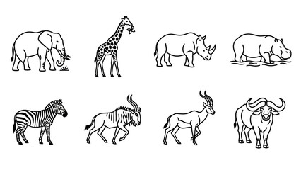 Fototapeta premium Diverse African wildlife animals in a minimalistic line drawing style showing their unique