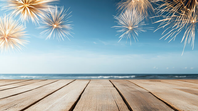 Wooden boardwalk beach with golden fireworks celebration over ocean horizon