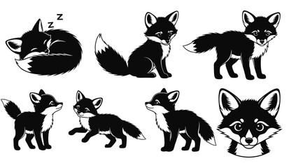 Monochrome Cartoon Fox Set Illustration in Various Poses with a Clean, Modern Design
