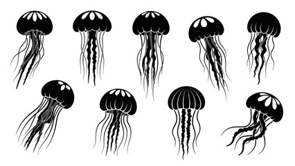 Collection of stylized jellyfish silhouettes isolated on a white background for design purposes