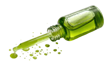 Green liquid serum bottle with dripping dropper and scattered droplets shown in detailed cosmetic skincare isolated on white background