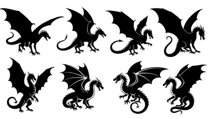 Collection of majestic dragon silhouettes with diverse poses and wing designs