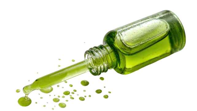 Green liquid serum bottle with dripping dropper and scattered droplets shown in detailed cosmetic skincare isolated on white background