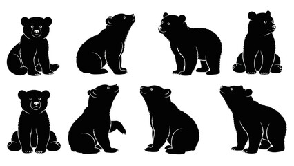 Cute Bear Cub Silhouettes in Various Poses on a White Background Simple Design © ellisa_studio