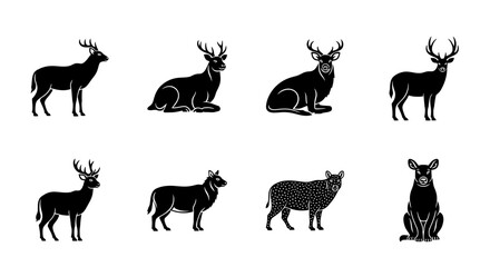 Elegant silhouette collection of various deer species in different poses set on white background