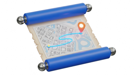 3d rendering of an ancient parchment scroll with a map showing a highlighted route and location pin isolated on transparent background