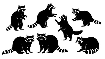 Illustrative black and white cartoon depiction of various raccoon poses on white background