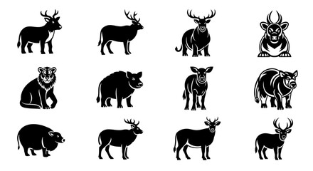 Monochrome Vector Illustration Featuring Diverse Animal Silhouettes on White Background